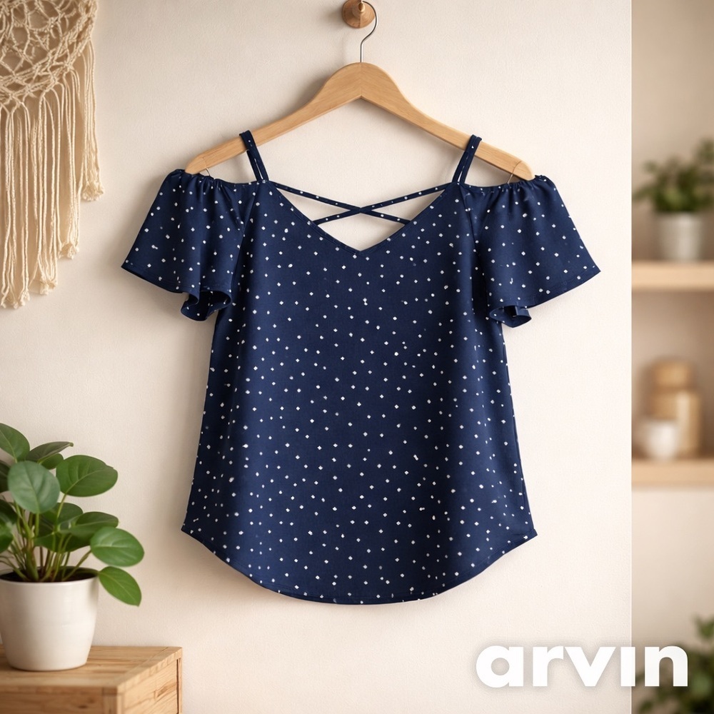 Kaileigh Navy and White Polka Dot Cold Shoulder Blouse